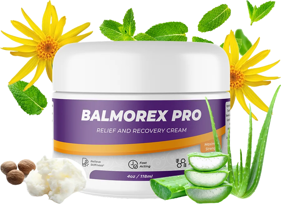 Balmorex Pro Relief and Recovery Cream 4oz jar with arnica flower, mint leaves, shea butter and aloe vera