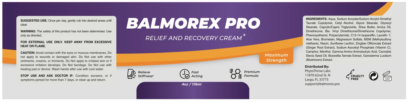 Balmorex Pro supplement facts label showing full ingredient list, suggested use and distributor information